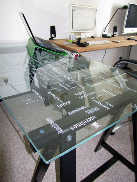 Glass table with the word Love wrote in many languages! Glass table with the word Love wrote in many languages!