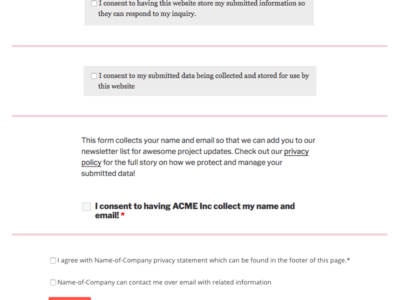 Multiple examples of acceptance checkboxes that help make a contact form GDPR compliant.