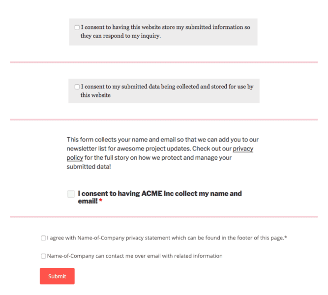 Multiple examples of acceptance checkboxes that help make a contact form GDPR compliant.
