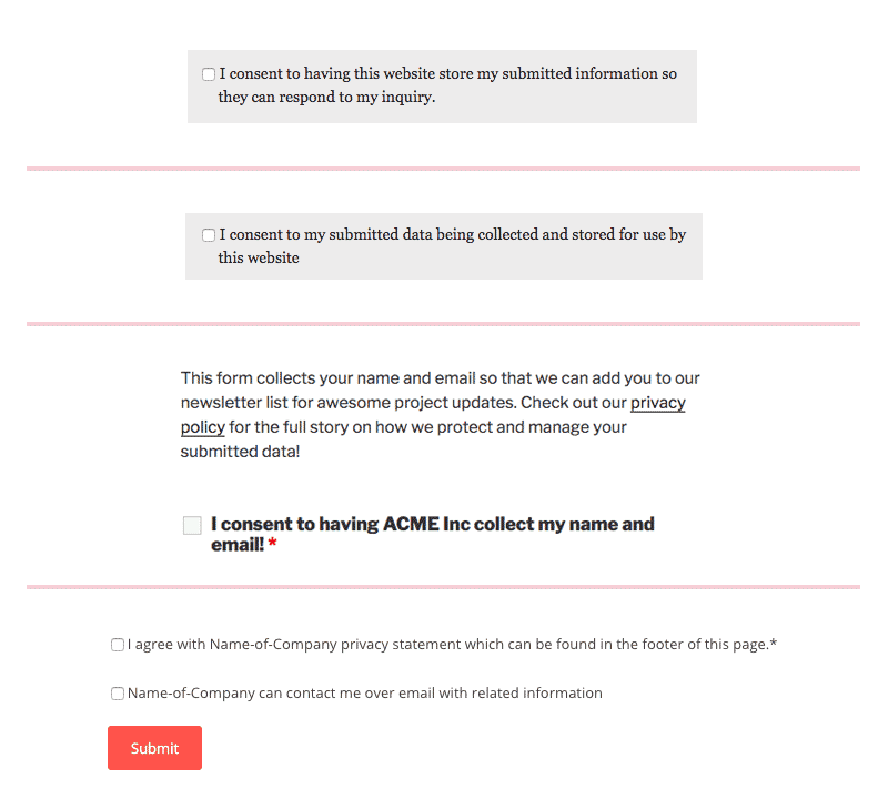 Multiple examples of acceptance checkboxes that help make a contact form GDPR compliant. 