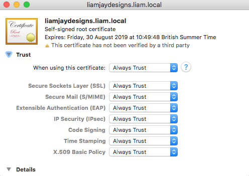 Setting the SSL certificate to be trusted locally