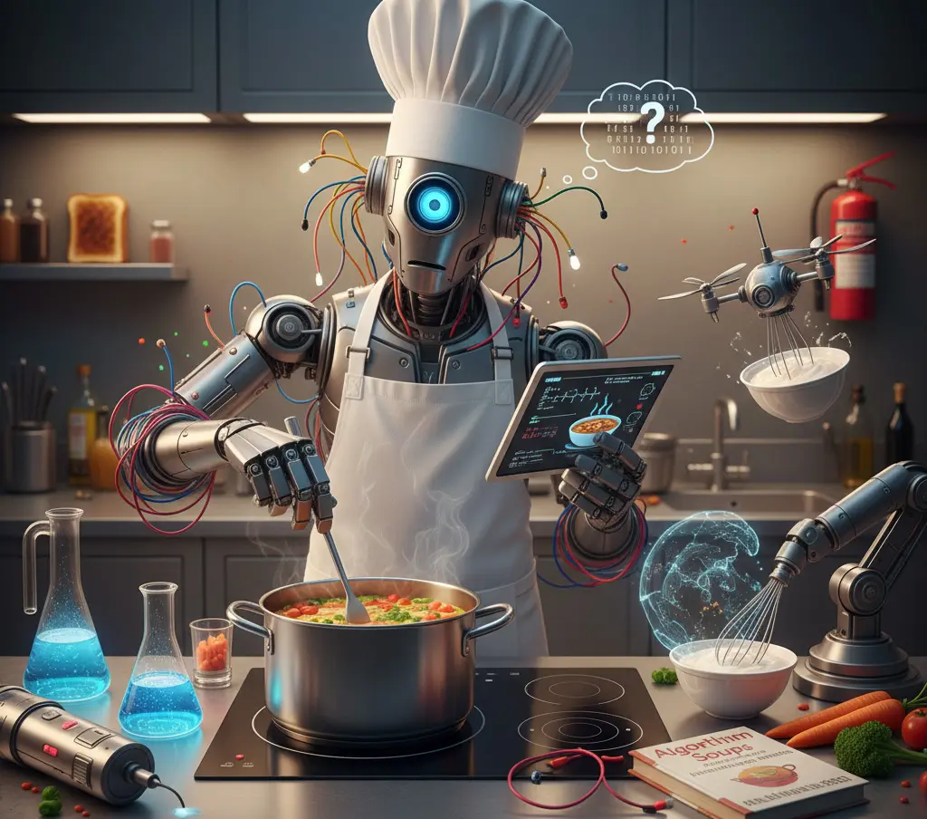 A robot trying to make soup using AI